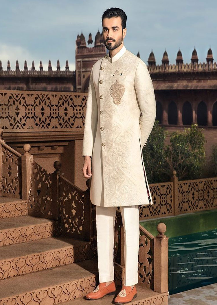 Regal groom embroidered wedding sherwani suit hand crafted intricate kora dabka motif on front panel france uk usa