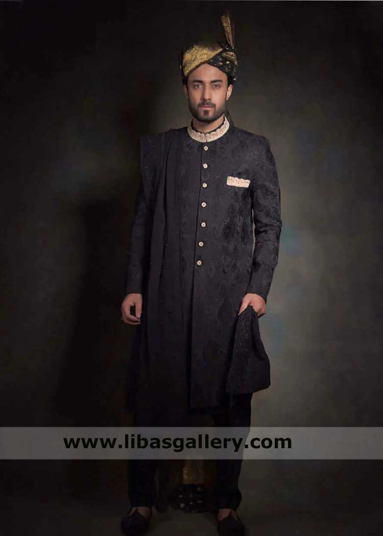 Nawaab style groom traditional black sherwani, Black Nikah Sherwani, Black Wedding Sherwanis for Marriage UK USA Canada
