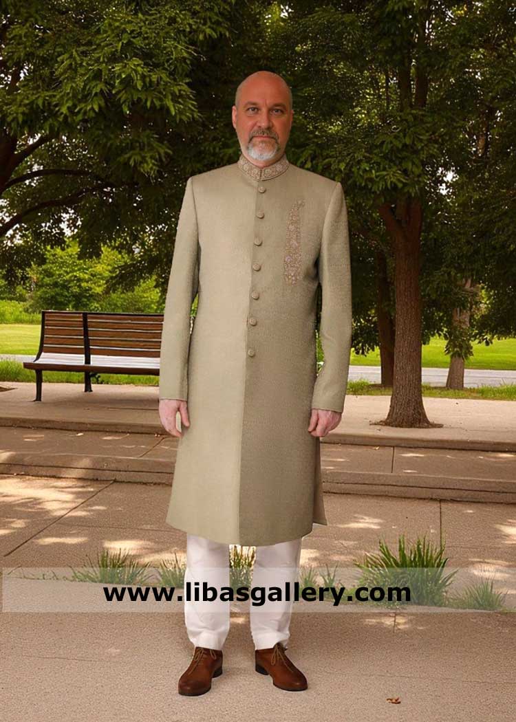 Sherwani in style of Quaide Azam Muhammad Ali Jinnah for Groom and Bride Father, Senior Citizen Wedding Sherwani UK USA Canada Dubai Australia