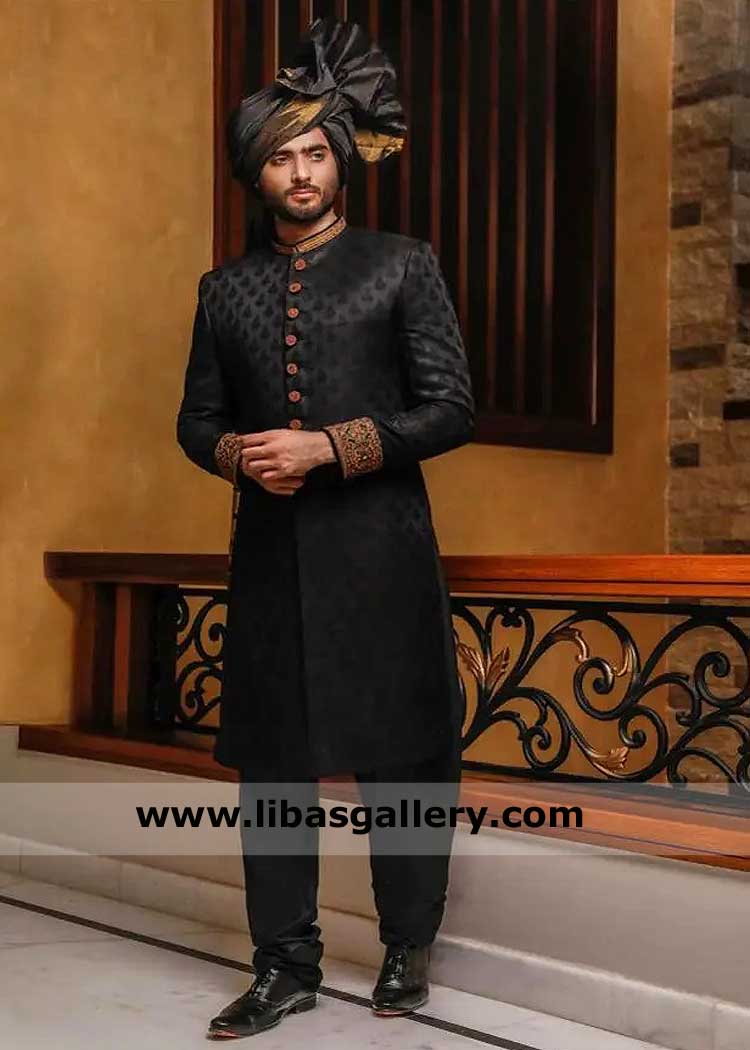 Jamawar sherwani for groom Nikah with Antique Gold hand work Collar Cuff, Black Jamawar Wedding Sherwani Chicago Toronto London Dubai Perth