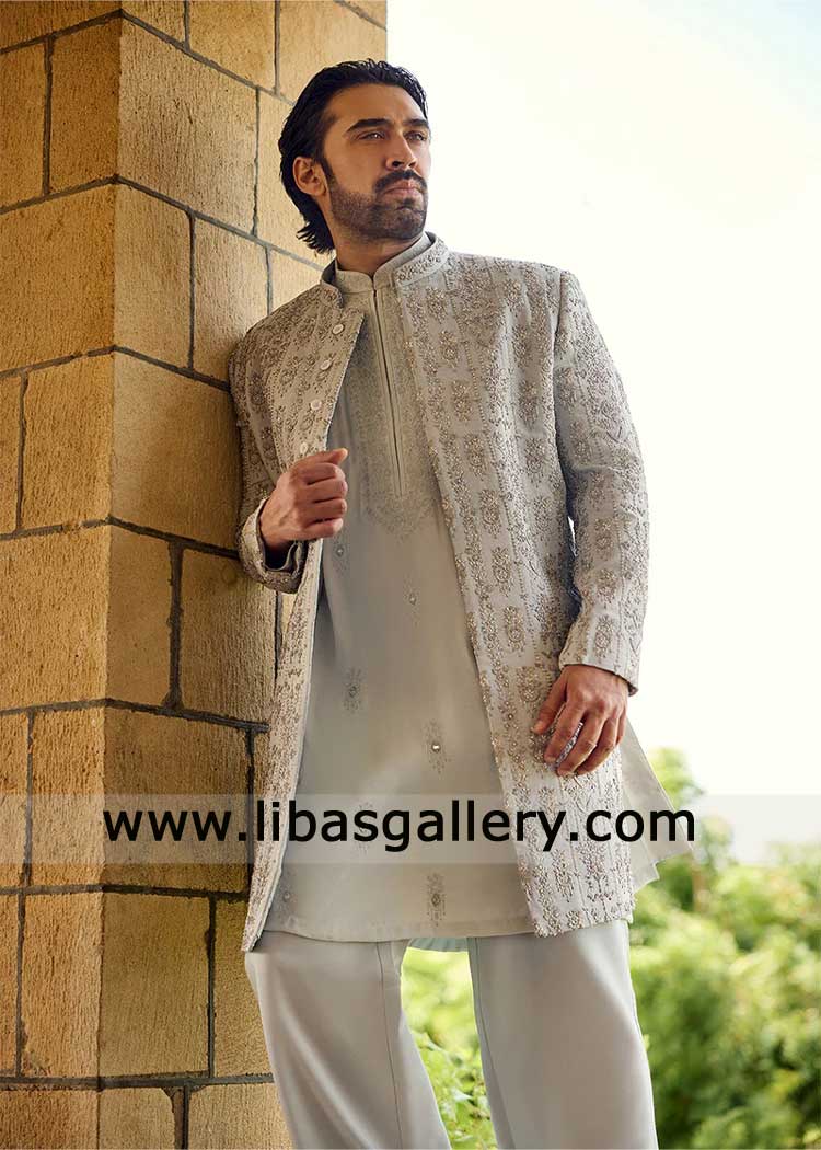 Silver Blue Groom Embroidered Wedding Sherwani