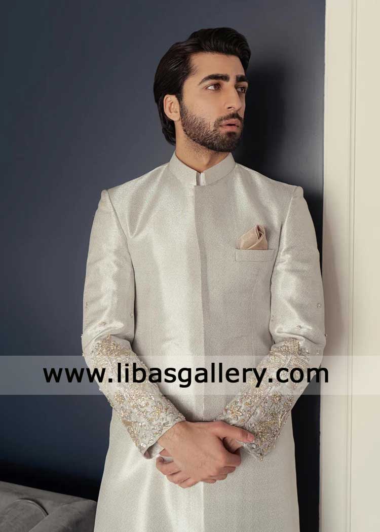 Silver Self Jamawar Brocade Groom Nikah Embellished Sherwani