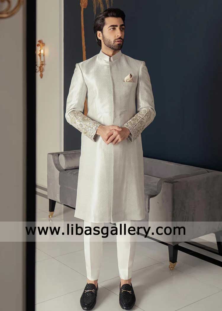 Silver Self Jamawar Brocade Groom Nikah Embellished Sherwani