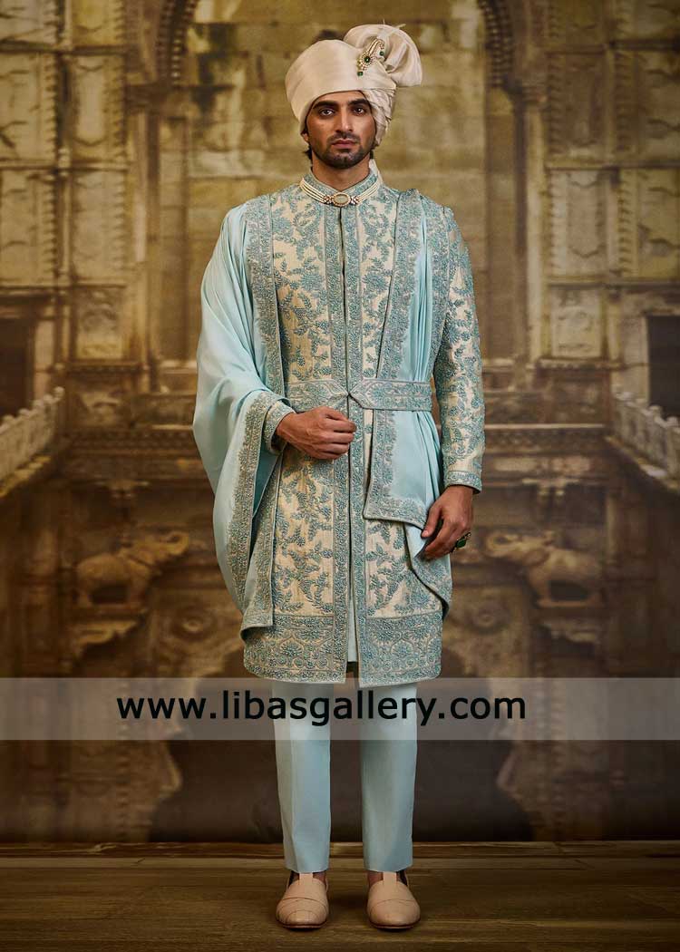 Aqua Blue Dori Work Groom Wedding Sherwani- Wedding Wear for Nikah