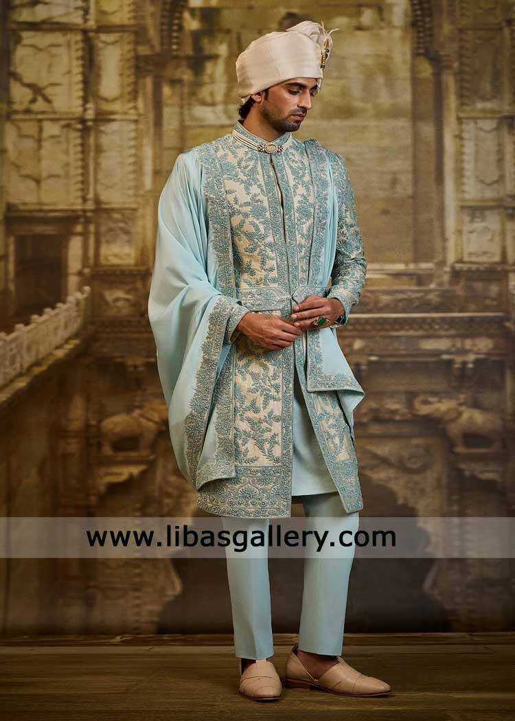 Sky Blue Hand Embellished Dori Work Groom Sherwani