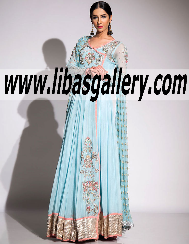 Fahad Hussayn special occasion dresses 2014-2015 in Angrakha Style Latest Fahad Hussayn Angrakha formal Anarkali Dress 2014-2015 Fahad Hussayn Chandni Collection in UK USA Canada Australia Saudi Arabia