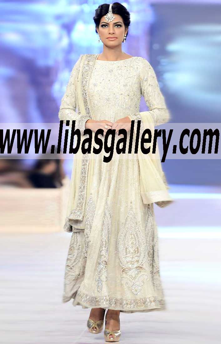 Irresistible Beige color Anarkali Dress with exquisite and lovely embellishments for Wedding and Special Occasions