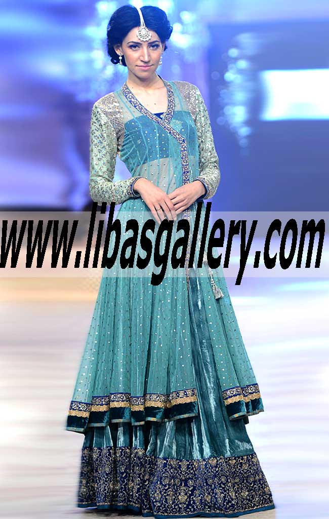 Spectacular Verdigris color Angrakha Dress with Lehenga for Wedding and Special Occasions