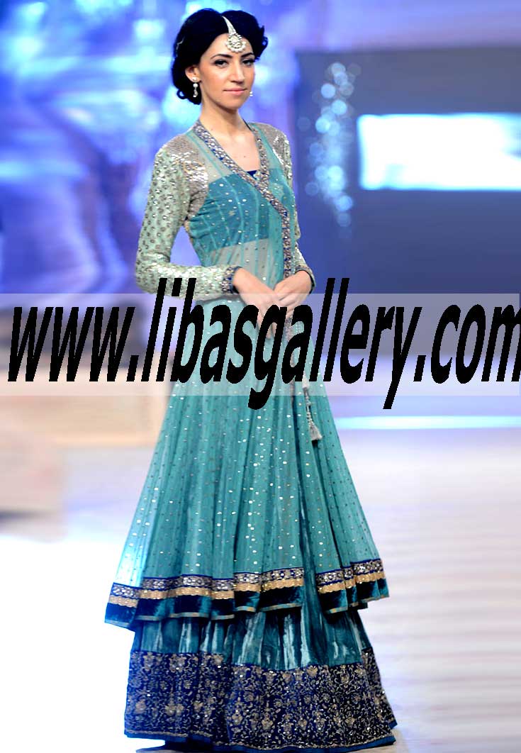 Spectacular Verdigris color Angrakha Dress with Lehenga for Wedding and Special Occasions