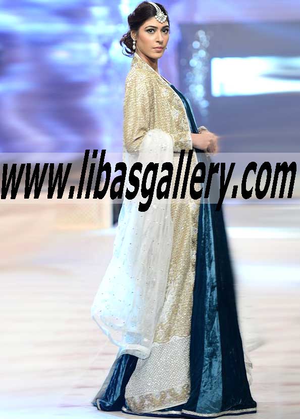 Astonishing Special Occasion Prussian Blue Velvet Gown with Heavy Embellished Jacket