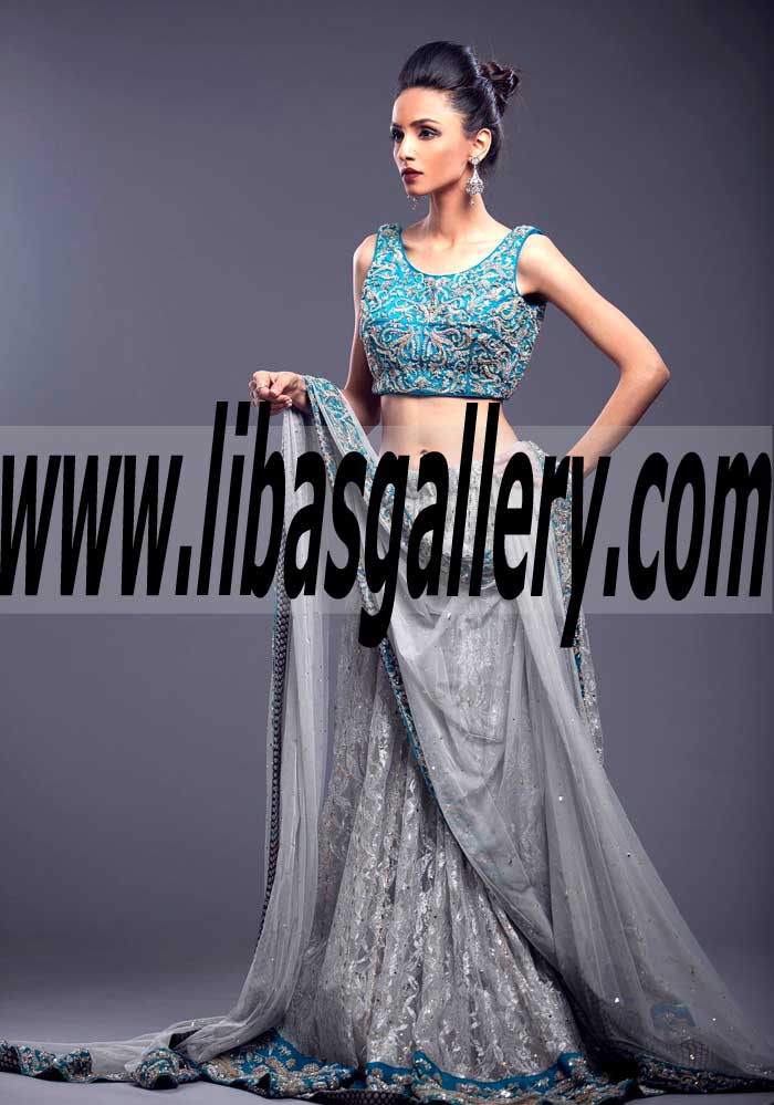 Delicate Rich Electric Blue color Choli and Silver Wedding Lehenga for Special Occasions