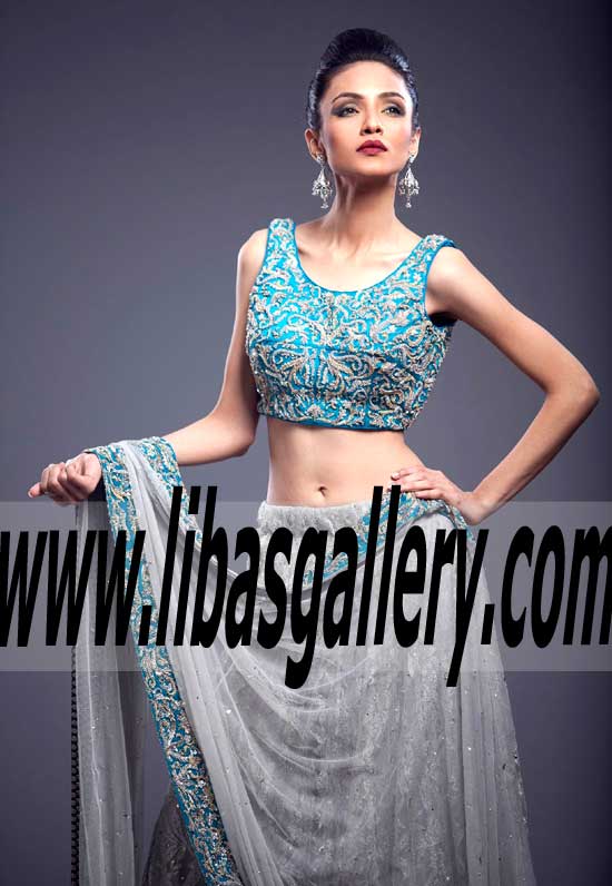 Delicate Rich Electric Blue color Choli and Silver Wedding Lehenga for Special Occasions