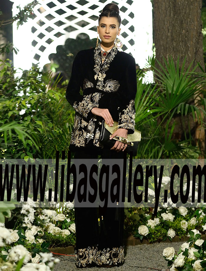 Auspicious cuts a sleek figure Supremely Chic black velvet suit for Special Occasions