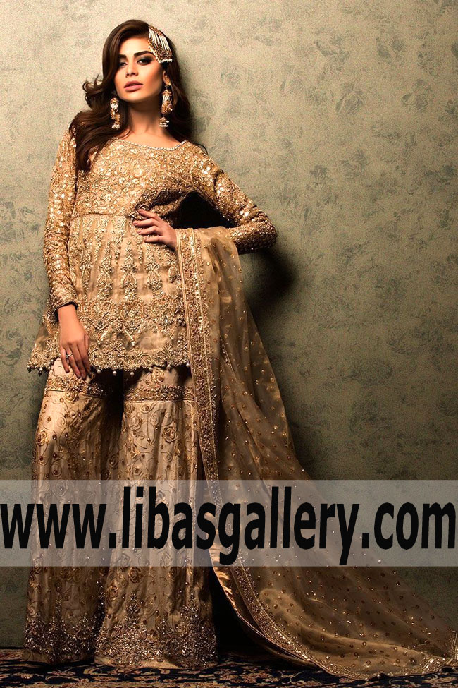 Stunning ZEEST Gold peplum Bridal Dress for Reception and Valima