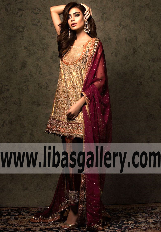Sensational NAURATAN Gold Plum frock Bridal Dress for Wedding and Special Occasions