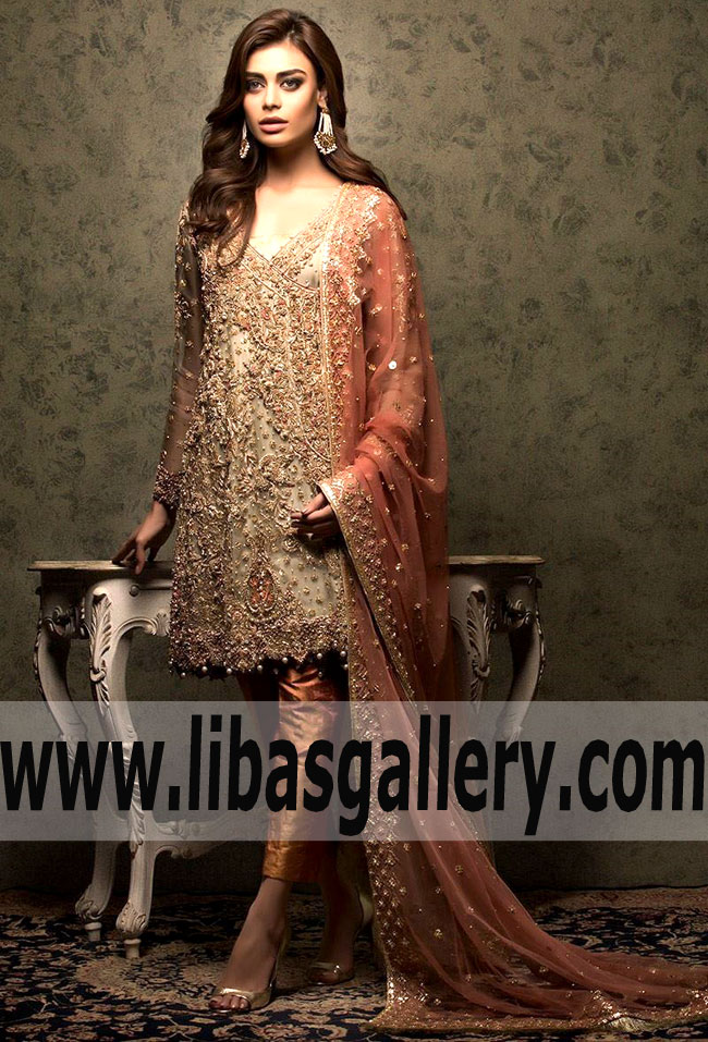 Modern Style BAAD-E-SABA Grey Angrakha Bridal Dress for Engagement and Formal Events