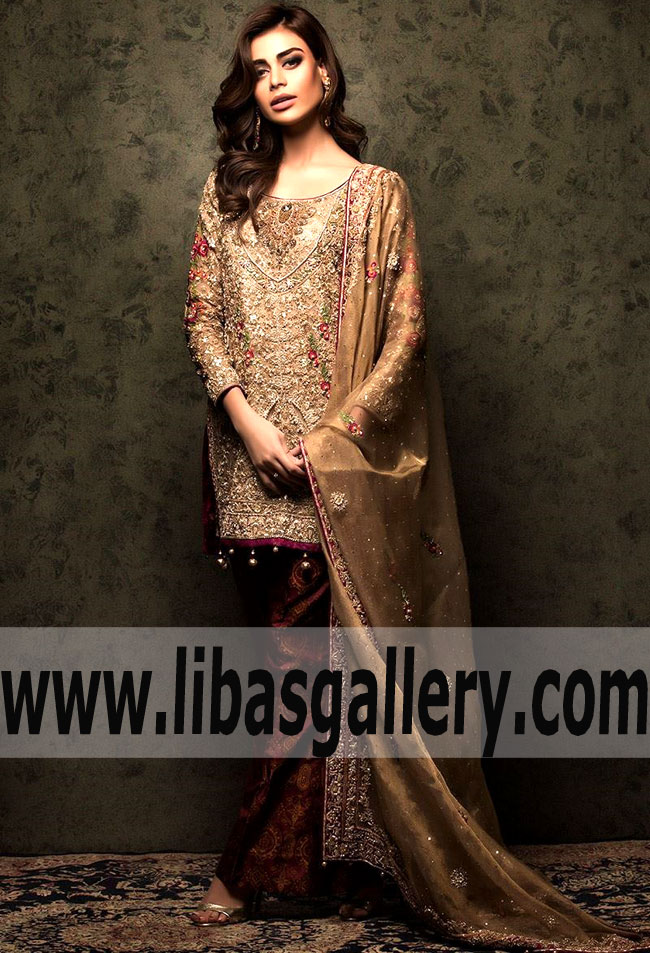 Luxurious NOORAH Brown and Gold Bridal Dress for all Social and Special Occasions
