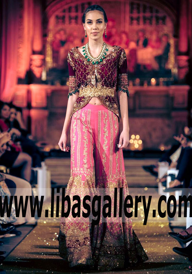 Modern Bridal Gharara Dress with red velvet jacket for Wedding and Special Occasions