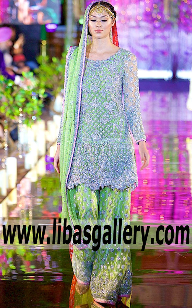 Enthralling Green-yellow Gladiolus Dhaka Pajama Dress