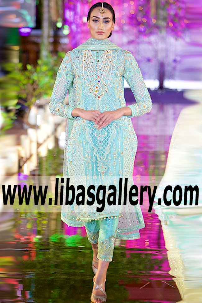 Astonishing Cyan Asian Designer Party Wear