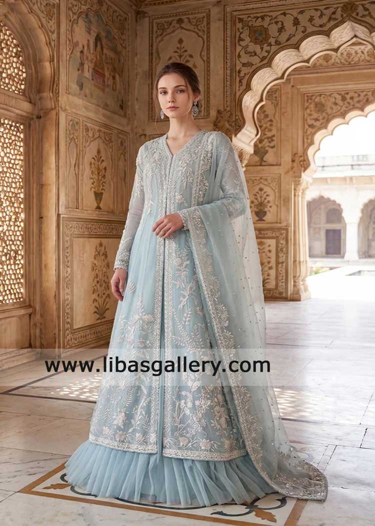 Powder blue kalidaar with blouse and matching lehenga