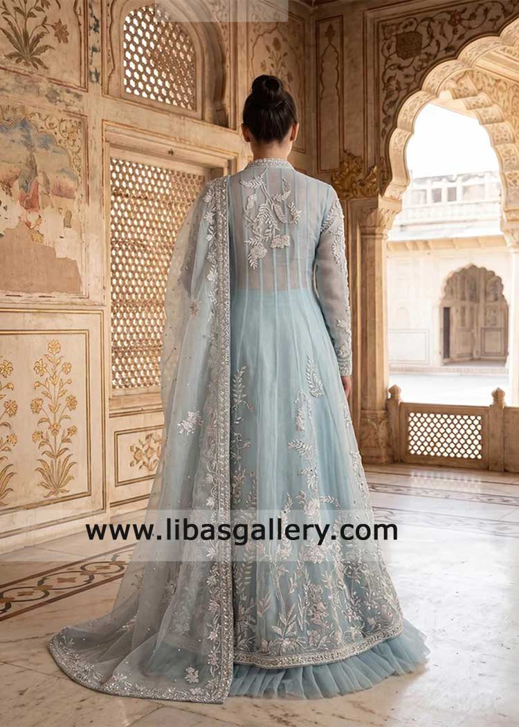 Powder blue kalidaar with blouse and matching lehenga