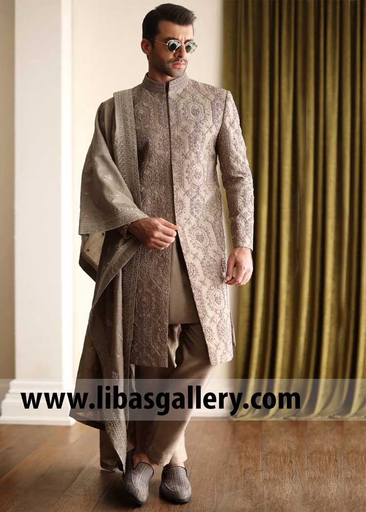 Taupe Embroidered Wedding Shawl for Nikah day