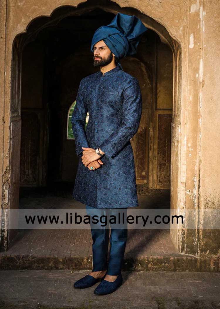 Groom Embroidered Teal Blue Nikah Sherwani Design