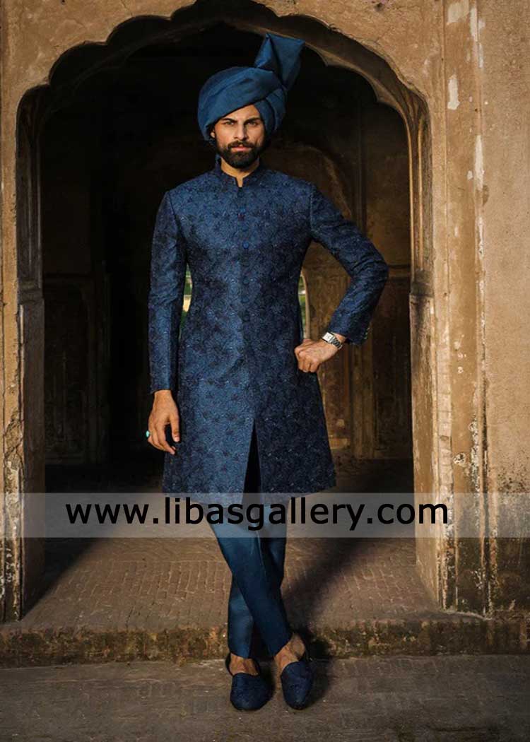 Grand Wedding Sherwani Teal Blue for Groom Nikah Celebrations paired matching Turban hand made khussa inner suit Detroit Boston Seattle USA