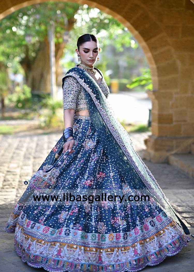 heavy embellished teal lehenga choli for occasion
