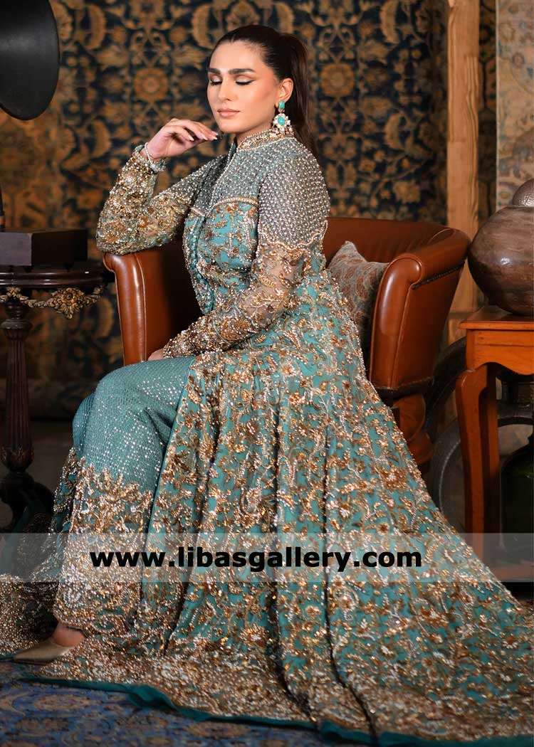 Bridal Gown with gold heavy hand embellishment Tiffany blue for Father Princess Royal and Grand Wedding UK USA Canada Dubai Australia Bridal Gown with gold heavy hand embellishment Tiffany blue for Father Princess Royal and Grand Wedding UK USA Canada Dubai Australia