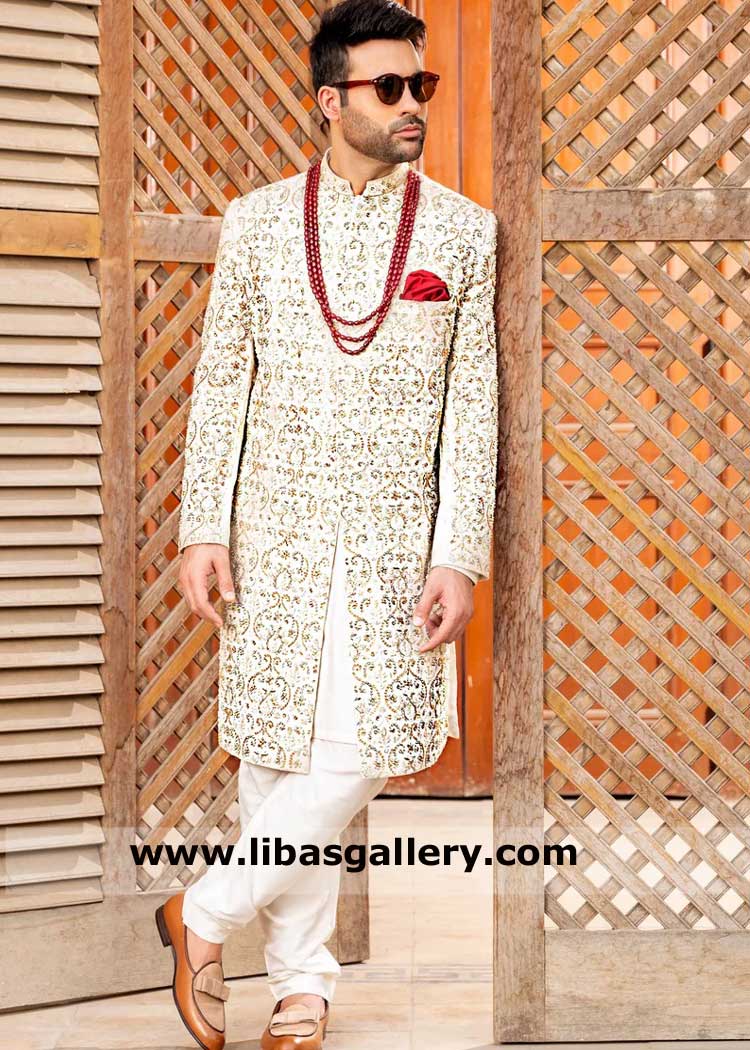 Groom sherwani style white with fancy hand embellishment, wedding nikah sherwani UK USA Canada Dubai Australia