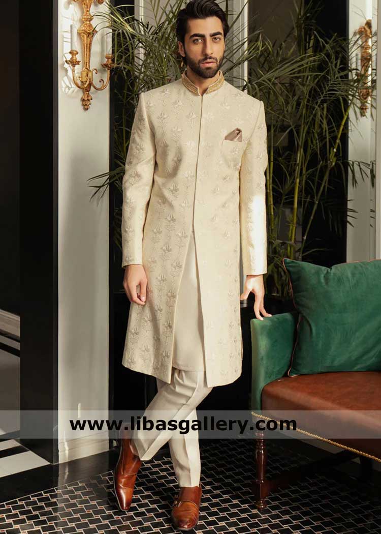 Groom Cornsilk embroidered wedding sherwani