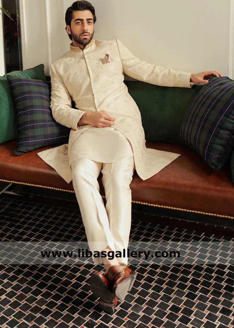 Groom Cornsilk embroidered wedding sherwani