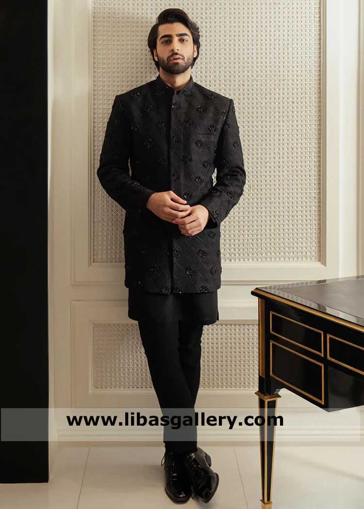 Black Wedding Sherwani embroidered for Groom
