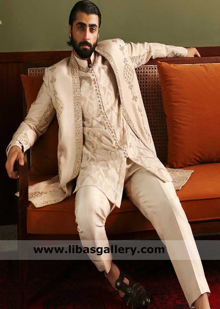 Groom Front Split Jacket Style Sherwani,Beige Color sherwani with gold hand embellishment Manchester Sugarland Alberta Dubai