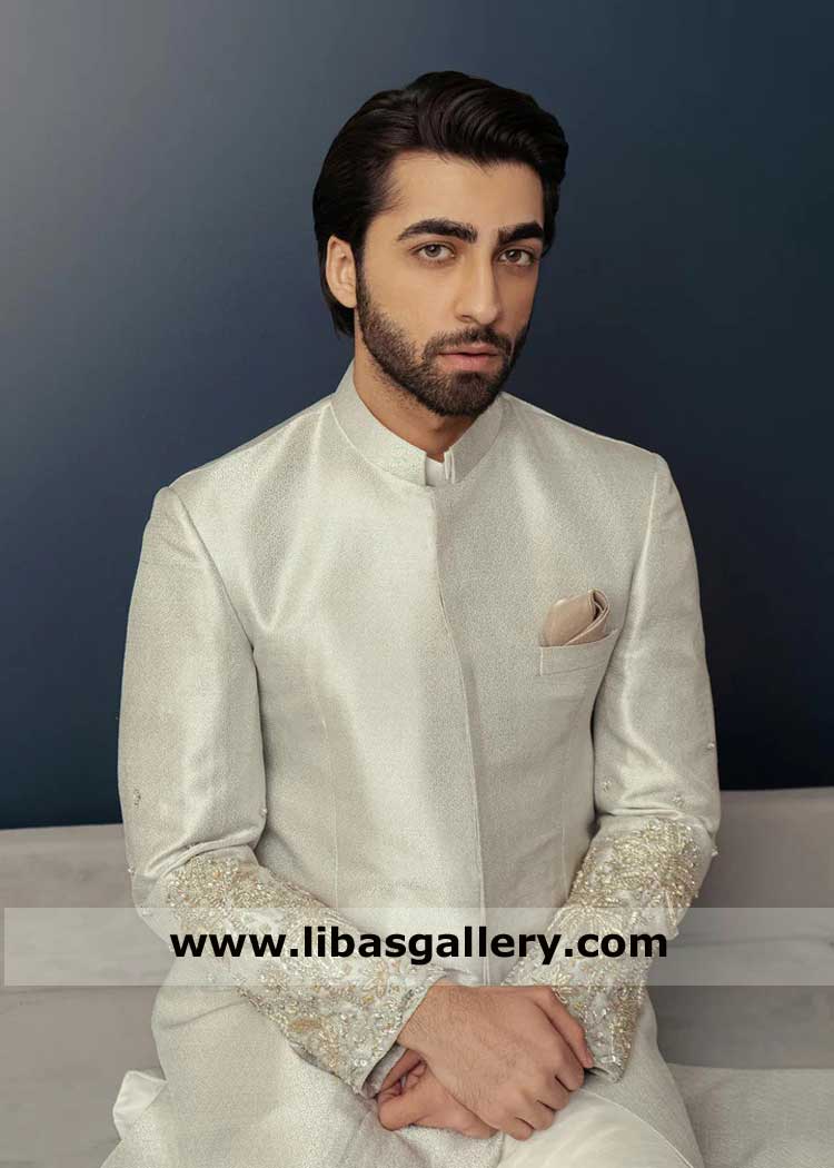 Jamawar Silver Hand embellished Groom Sherwani