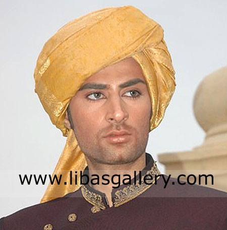 yellow gold jamawar groom wedding turban tight wrapped