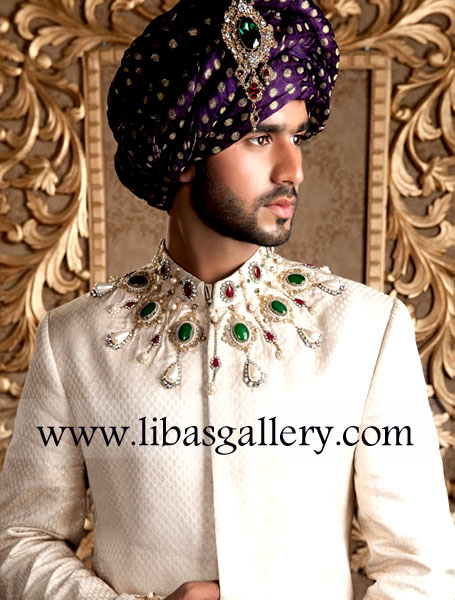 purple jamawar wedding turban pretied for groom nikah