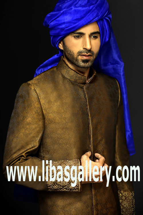 Bearded Groom looks unique in pre tied wedding turban blue color UK USA Canada