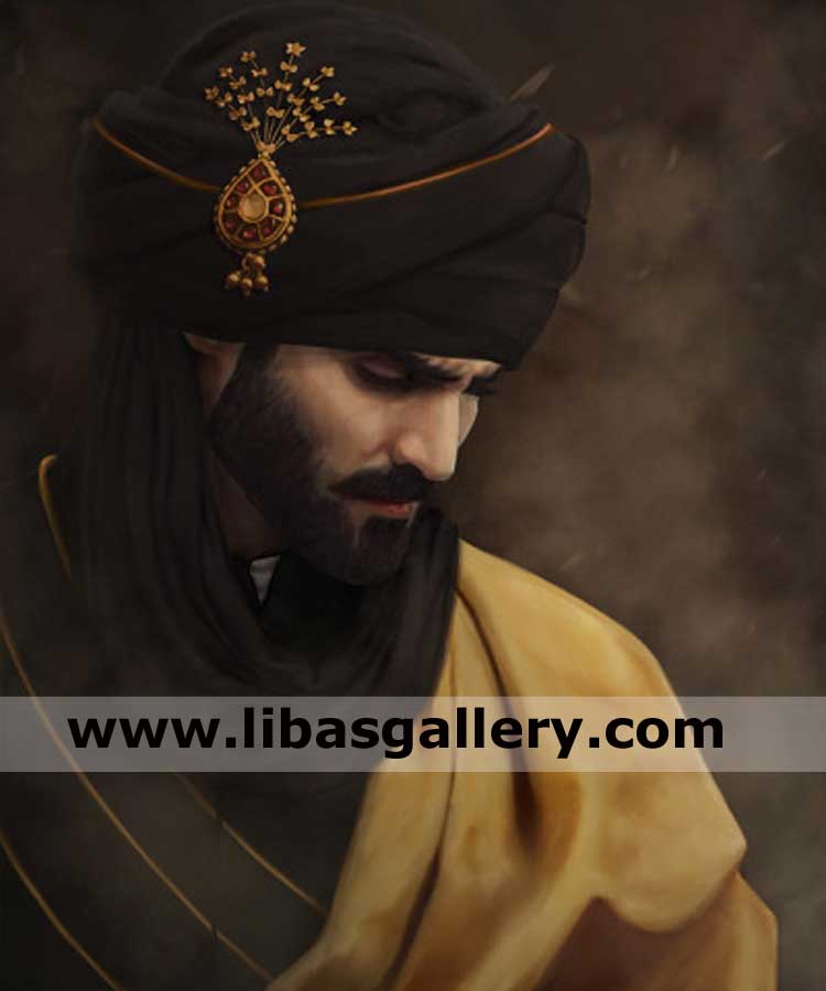 hasnain lehri wearing pretied afghani style black turban with beautiful golden brooch on nikah barat moments qatar oman kuwait