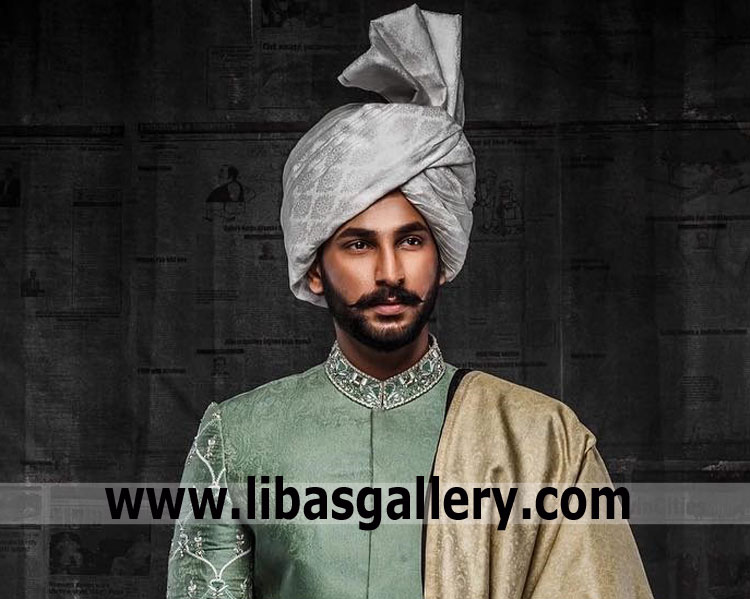 beautiful style jamawar silver pretied turban for nikah barat day groom with shamla worldwide delivery by courier qatar kuwait dubai