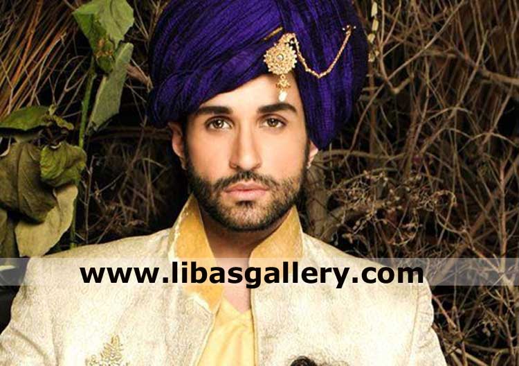 Groom beautiful purple turban for nikah barat occasion made on head size pagri worldwide delivery by DHL FEDEX uk usa canada