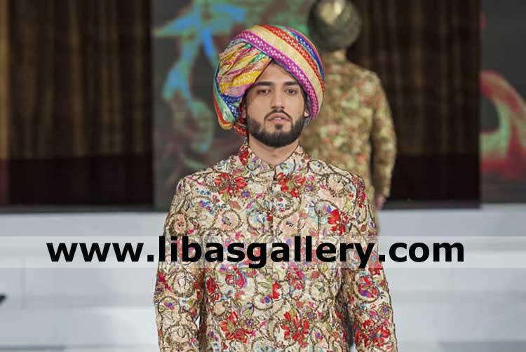 Rajasthani style pretied multi color mens pagri which has golden green red magenta pink blue yellow colors stripes scotland india ireland netherland