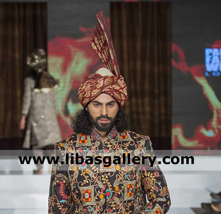 wedding pretied banarsi fabric turban with fan for groom dulha bhai in maroon and red color worldwide express delivery to uk usa canada