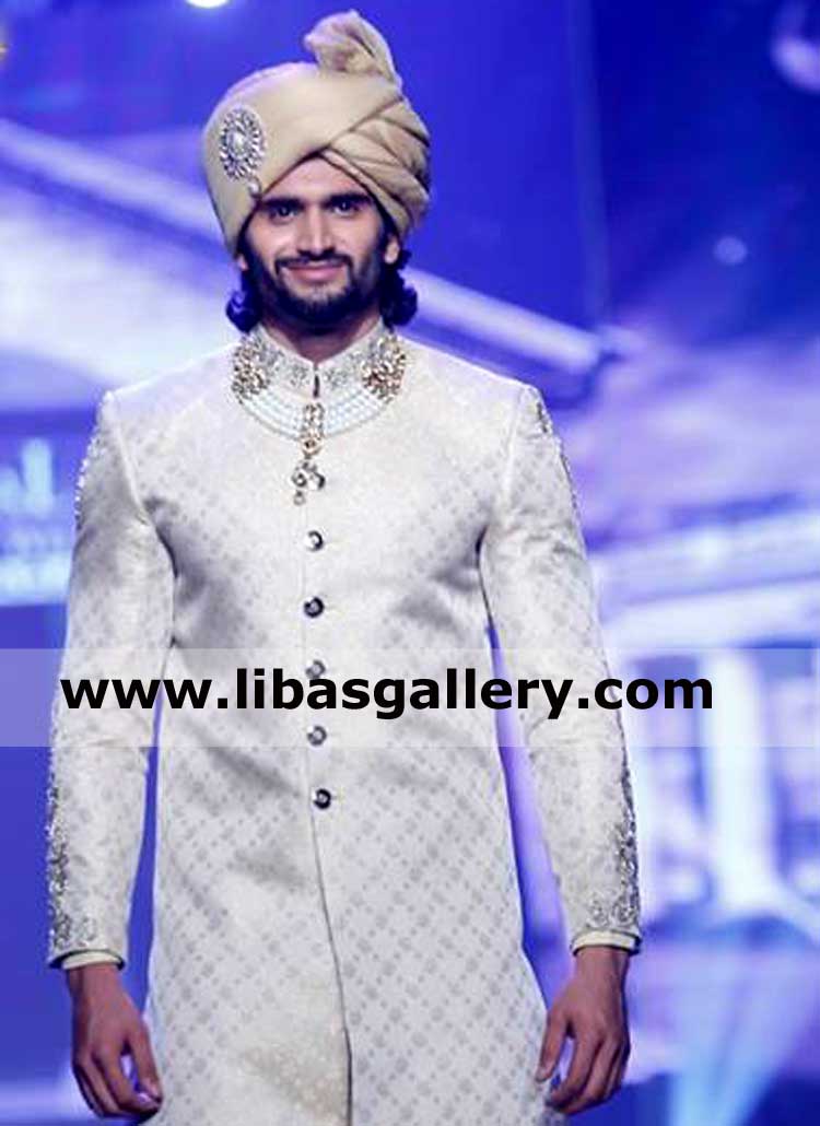 long hair smart groom in pretied golden wedding turban for nikah