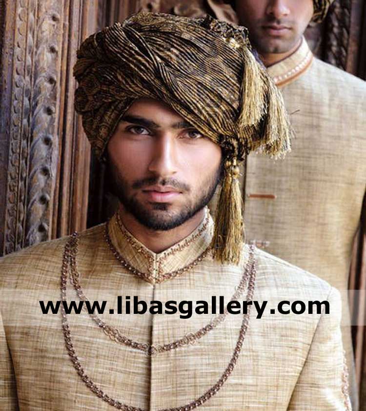 printed fabric wedding turban for groom with gold resham thread tussle