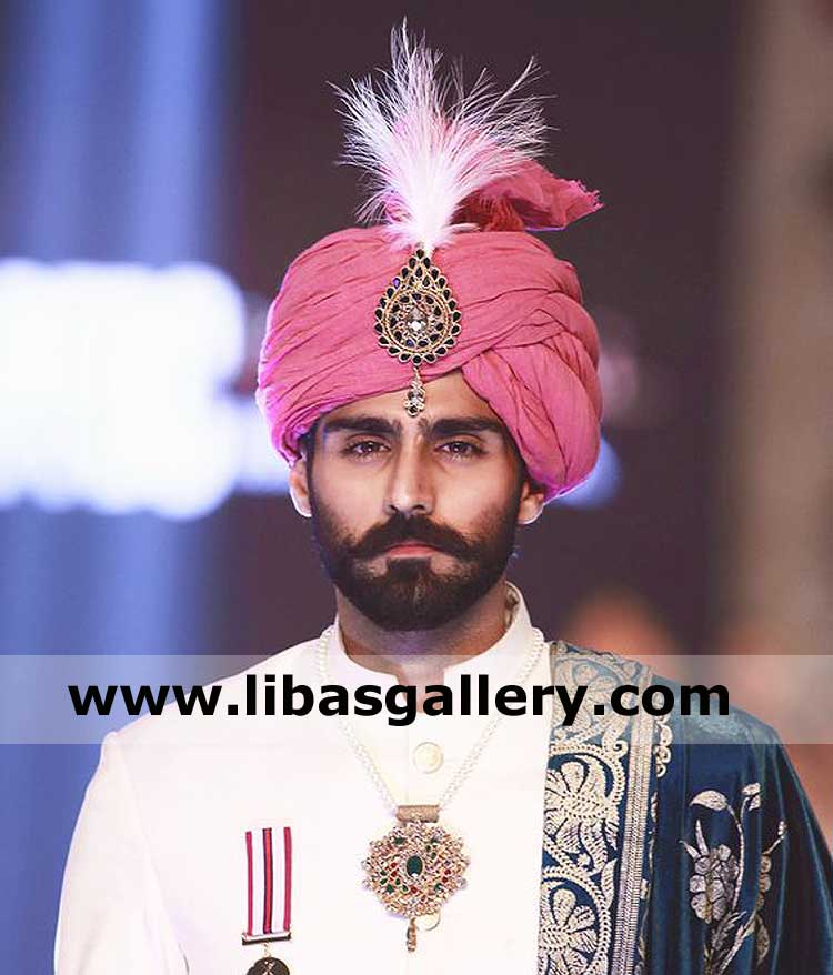 Man in Pink Turban with short shamla royal type pagri pretied groom nikah barat happy time india germany kuwait