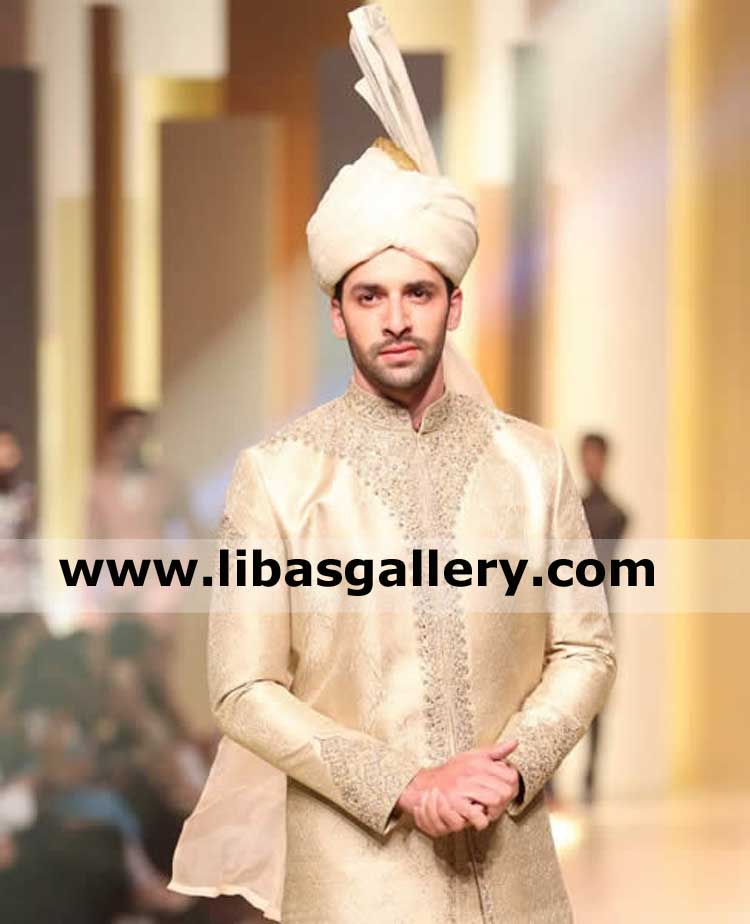 fully managed pretied golden groom wedding pagri for nikah barat day with tower fan punjabi kulla style custom made italy japan france