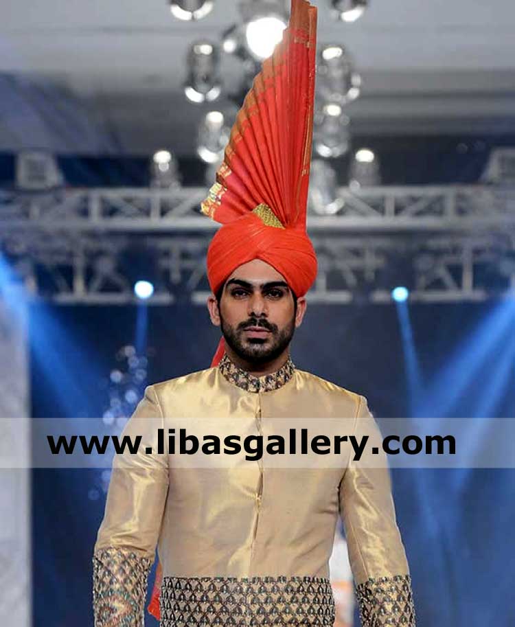 Red tower style pakistani kulla for punjabi people wedding pretied fan style tall pagri for shy groom going for nikah to masjid dubai australia usa